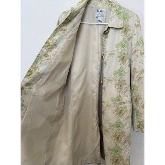 Vintage‎ Y2K Old Navy Floral Botanical Trench Coat Pockets Lined Green Cream L - Picture 6 of 9